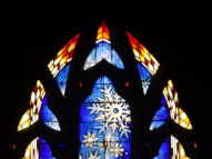 Newcastle Catholic Cathedral - stained glass winter themed window - top
